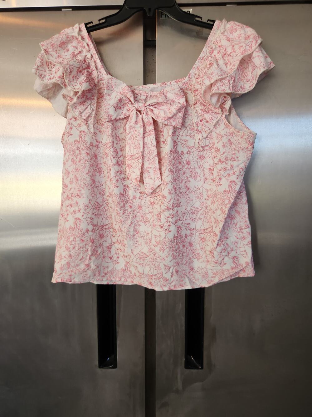 SHEIN Womens Bow Front Top Size XL | Pink Floral Square Neck Ruffle Cap Sleeve